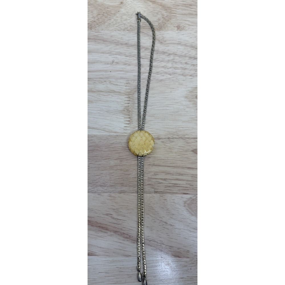 Vintage Gold Tone Bolo Slide‎ Necklace Yellow Enamel Round Pendant Lariat Tassel